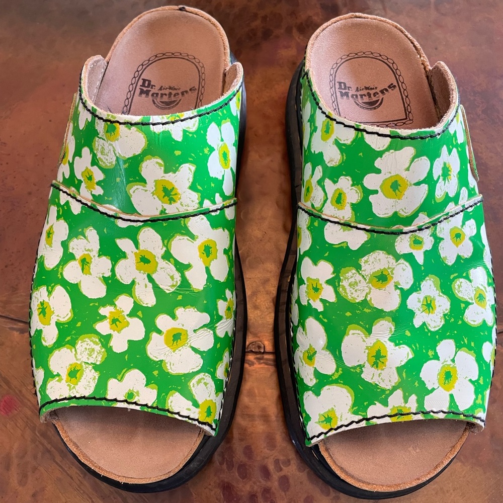 Dr Martens Leather Slide Made in England Green Floral VTG